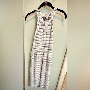 LOFT Women's Black and Ecru Halter Casual Dress with Gold added throughout.